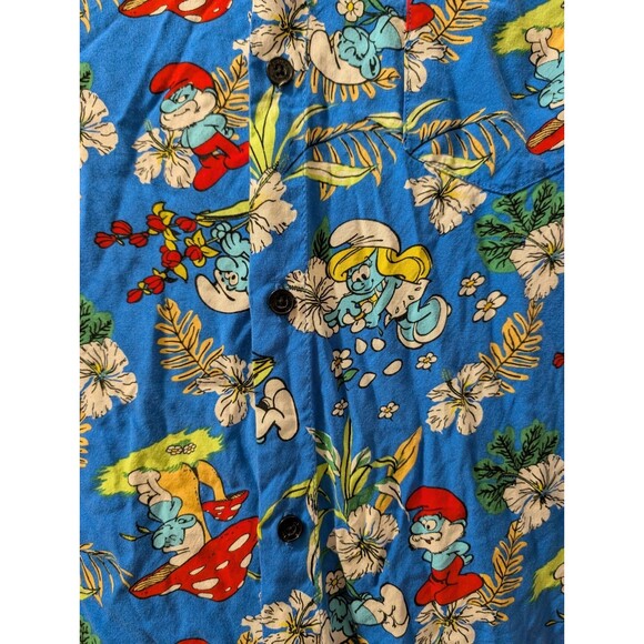 The Smurfs Men’s Hawaiian Shirt XL Blue Floral Button Front Cartoon Retro Print - Picture 8 of 10